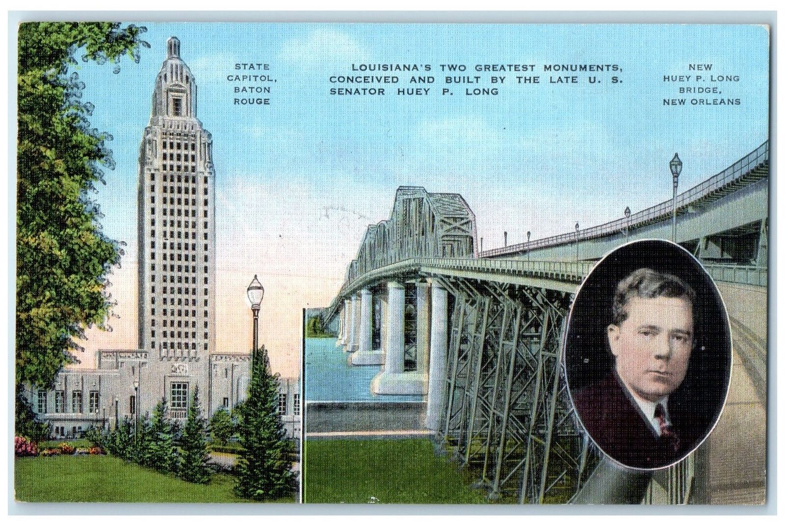 1937 Louisiana State Capitol Huey P. Long Bridge New Orleans LA Posted Postcard