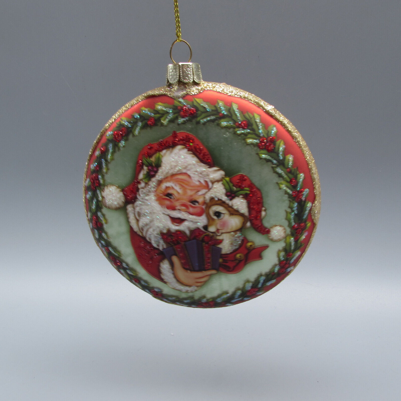 Katherines Collection Santa & Reindeer Disc Glass Christmas Ornament