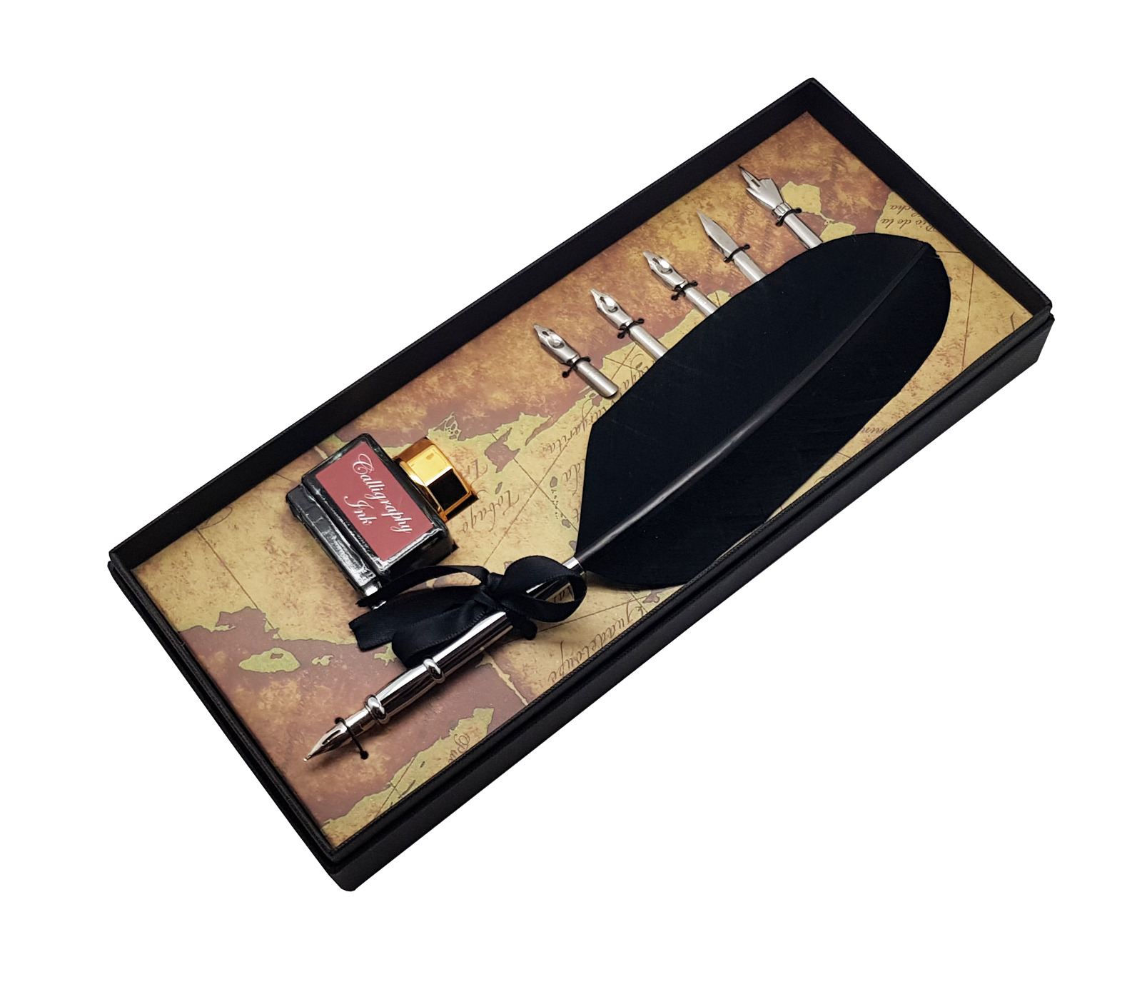 Calligraphy Gift Set - Quill Pen (Black) with Real Feather and Stainless Steel N