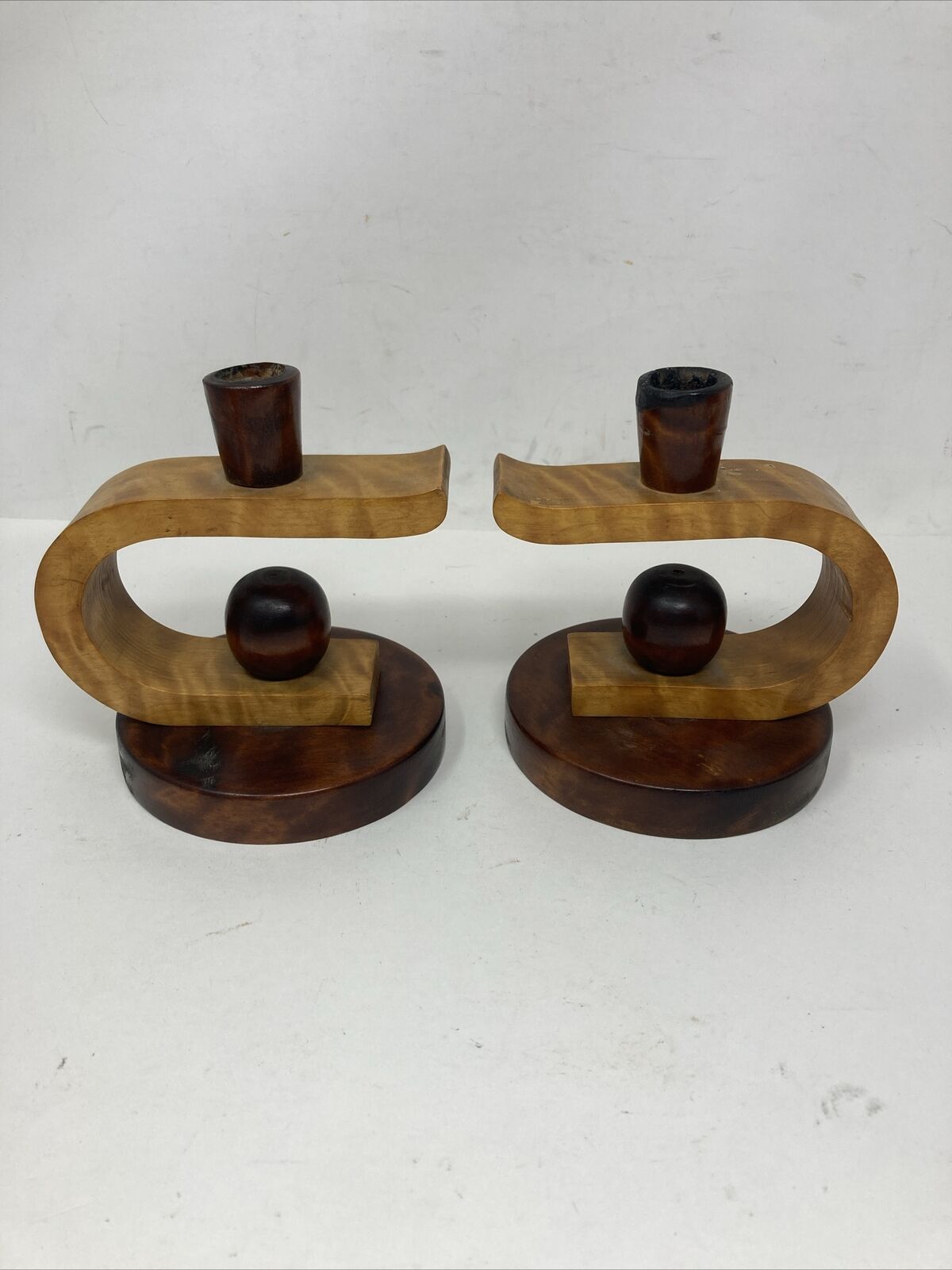 2- Wood Candle Sticks Two-Toned MCM Made In Sweden