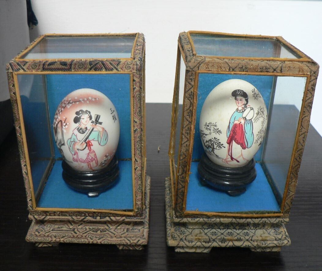 Set of 2 Vintage Geisha Girl & Chang-O Chinese Hand Painted Egg in Display Case