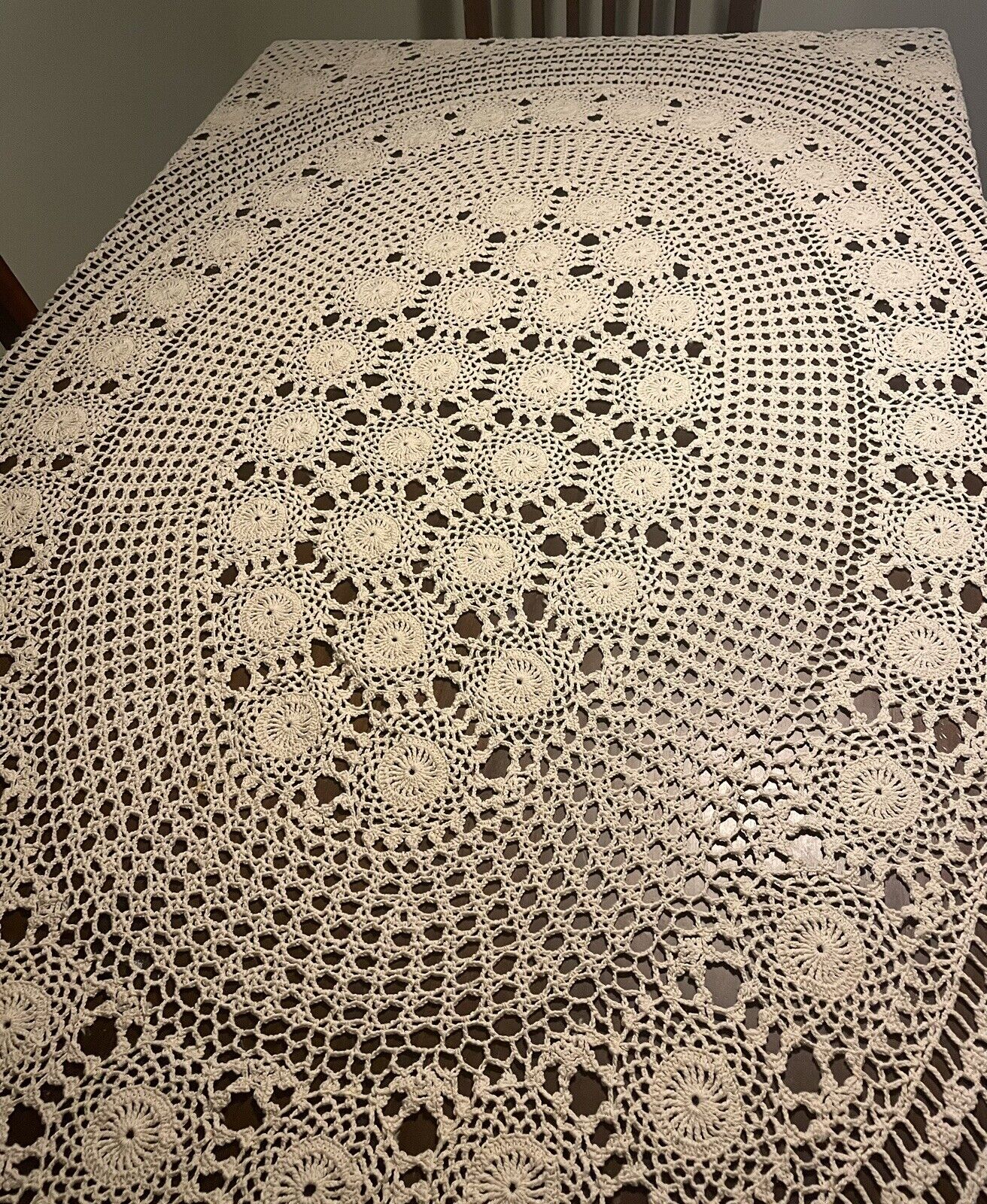 Vintage Crochet Tablecloth Ecru/Beige 60” X 72 OVAL