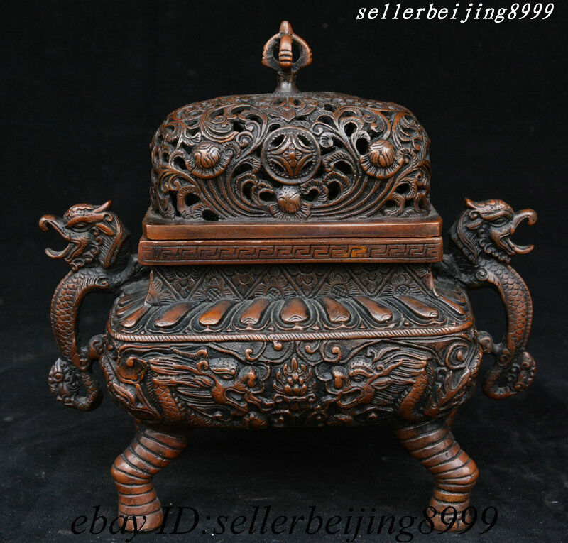 Old China Dynasty Bronze Dragon Beast Fengshui Incense Burner Censer Box Statue