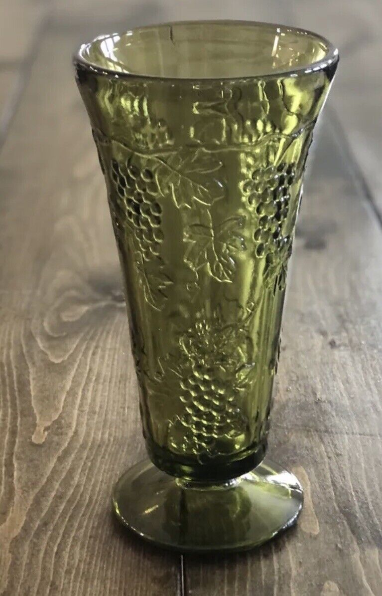 Vintage Green Indiana Glass Vase with Raised Grape Pattern circa1940s/50s