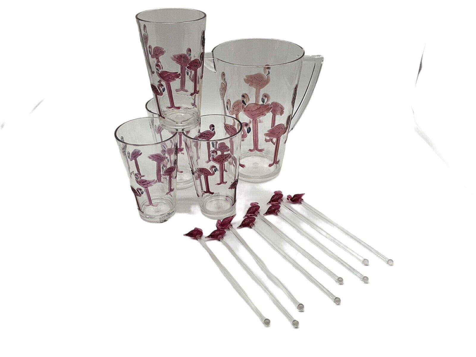 Flamingo Plastic Pitcher, 4 Drinking Glasses and 8 Stirring Sticks, Vintage MCM