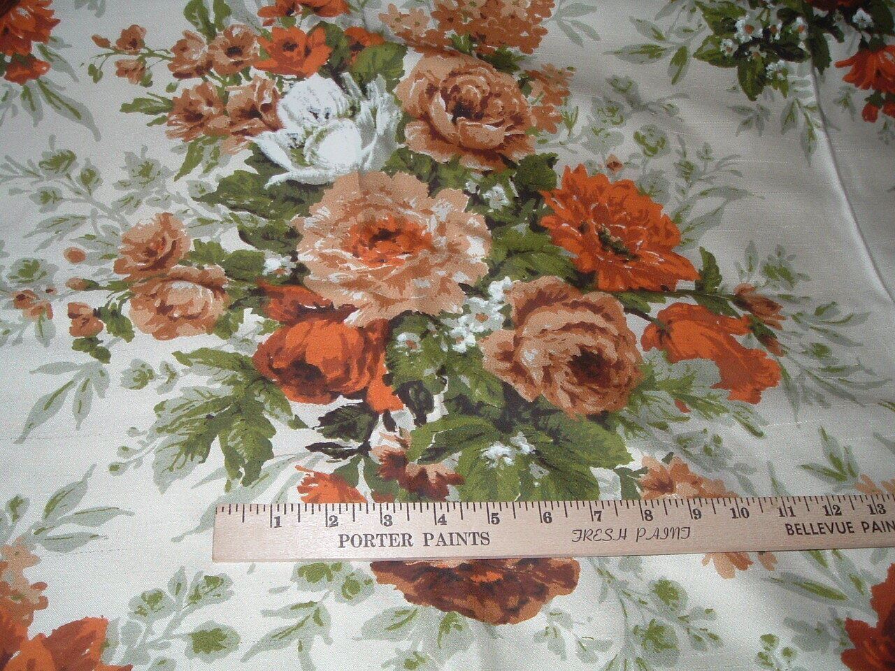 Vtg Mid Century Flowers Orange Browns Olive Satin Back Drapery Fabric 70x46#PB14