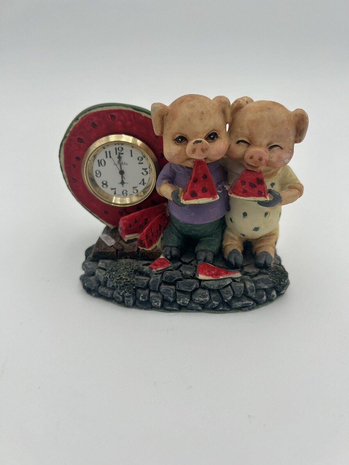 Nikko Quartz Clock Pigs Eating Watermelon Desk Shelf Mantel Figurine Decor Clock
