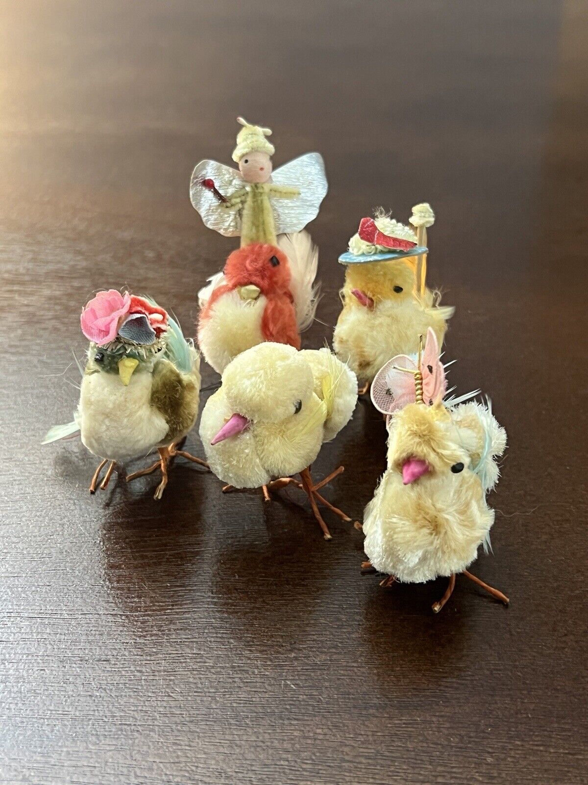 Vintage MCM Chenille Mini Easter Chicks w Pixie Elf & Hat Wire Japan Lot of 5