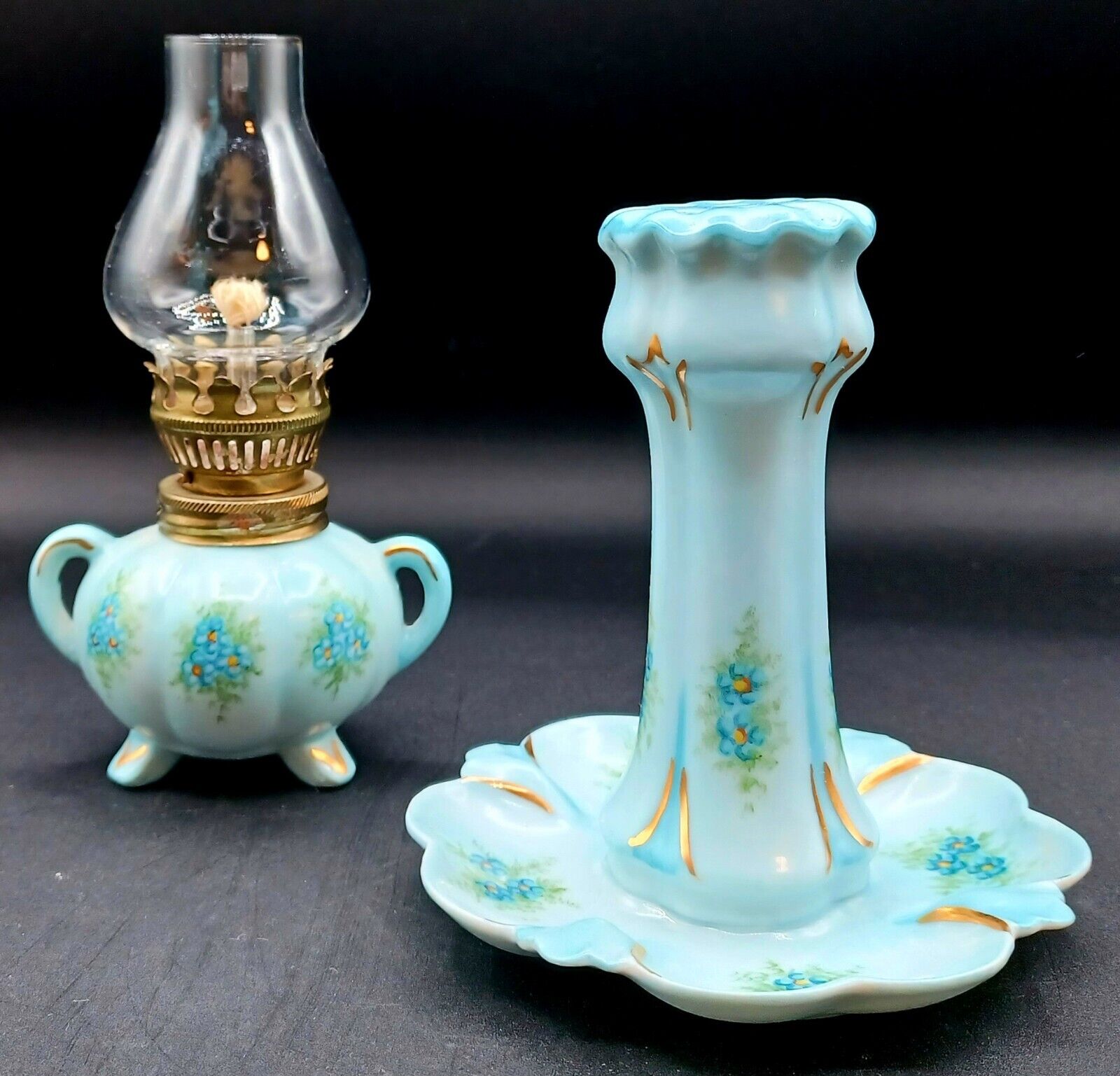 Antique Porcelain Hat Pin Holder And Oil Lamp Blue Floral Dresser Set