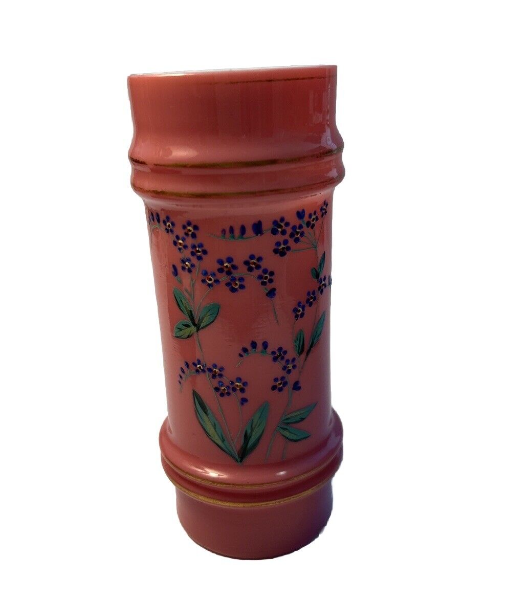 Antique  Pink Bristol Glass Vase Hand Painted Floral Decor 6”