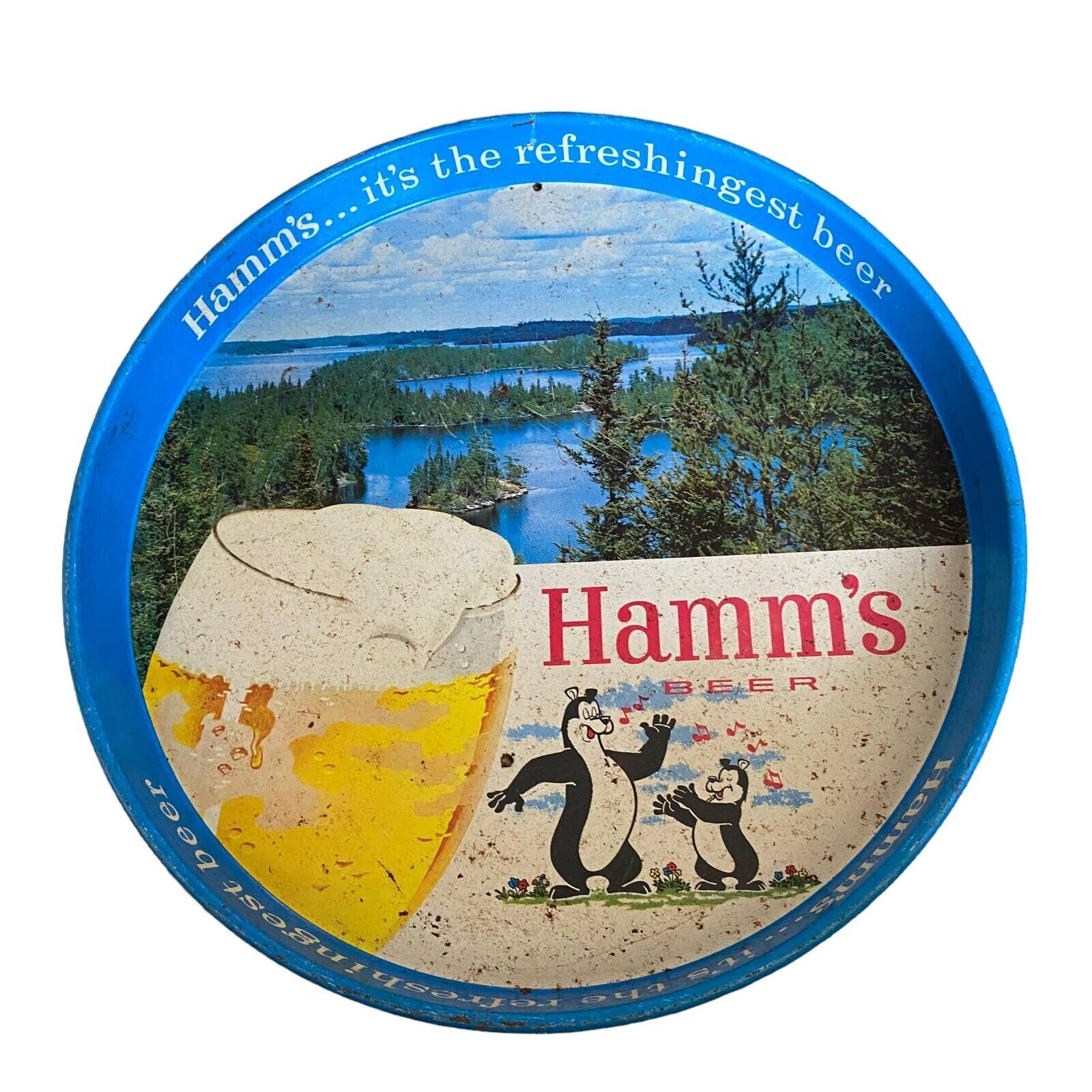 Vintage Hamm\'s Beer Round Serving Tray Dancing Bears Blue Metal Bar Tavern 12\