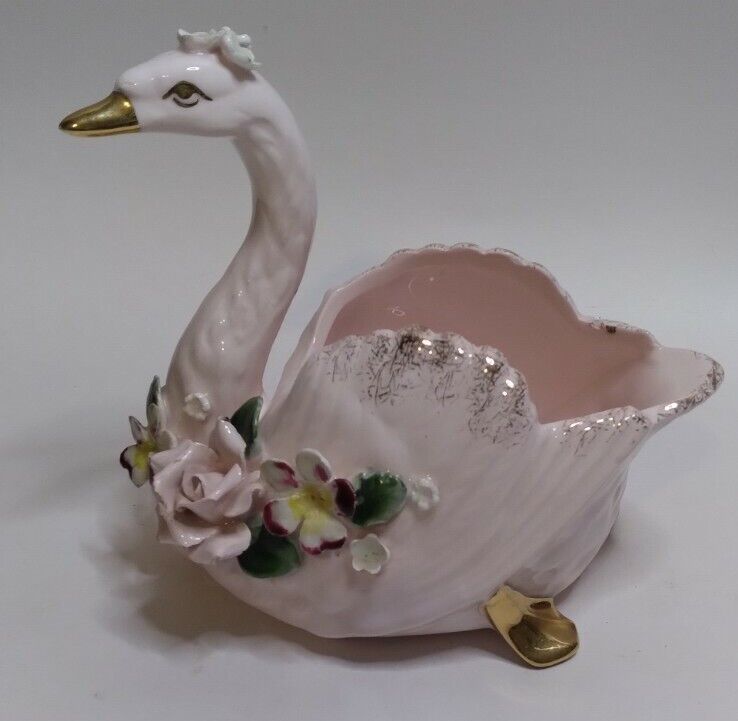 Vintage Light Pink Ceramic Swan  Flowers Gold Accents Trinket Dish Planter Vase