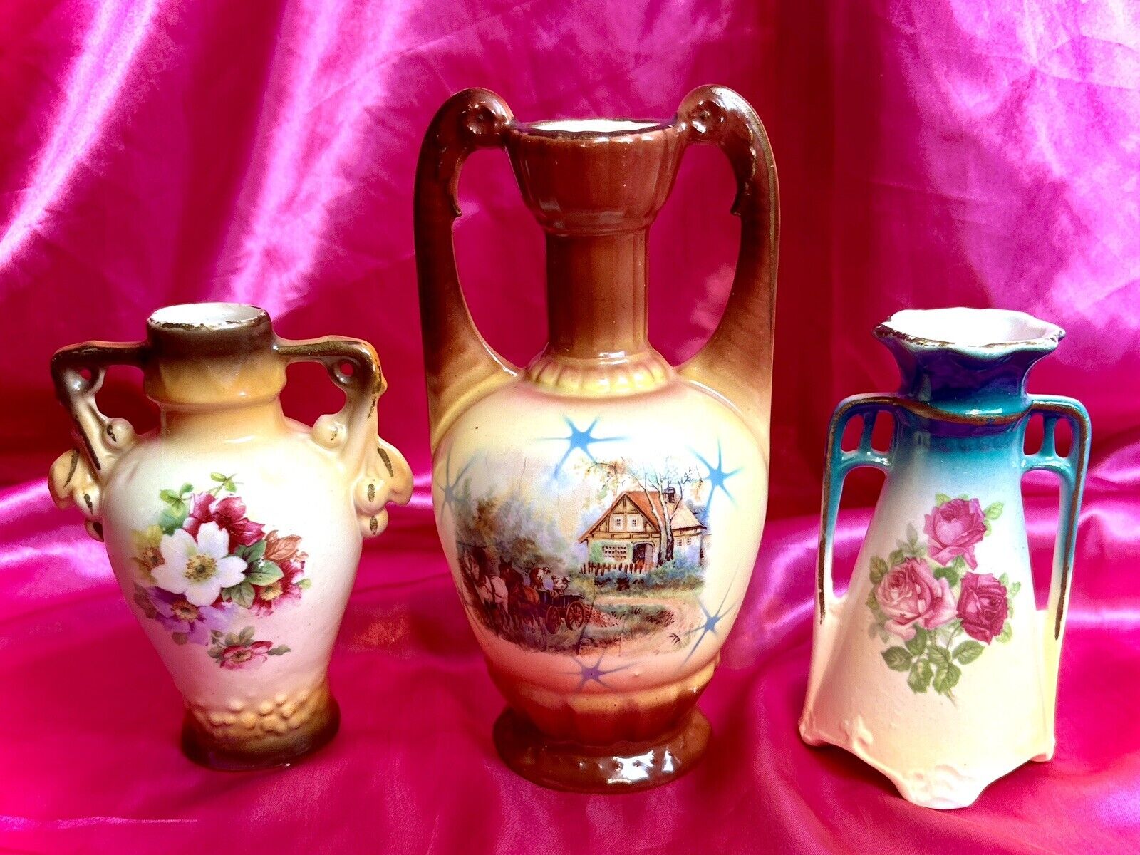 Czech Porcelain Vases Pottery Amphora Pastoral Farm Horses Carriage Floral Set/3