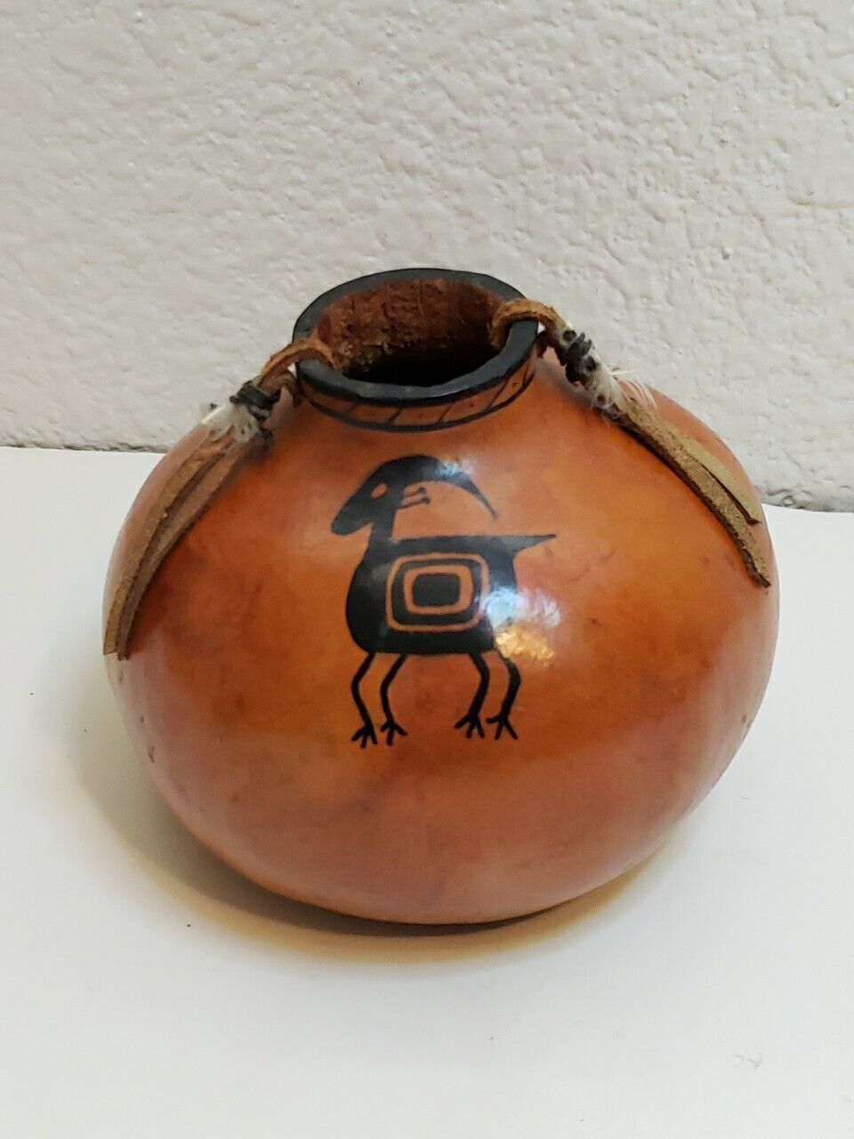 Hand-crafted Gourd Native American Folk Art Signed by  b. grant 5” X 4”