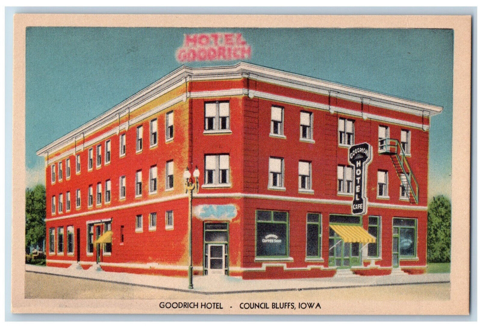 Council Bluffs Iowa IA Postcard Goodrich Hotel c1940's Vintage Unposted