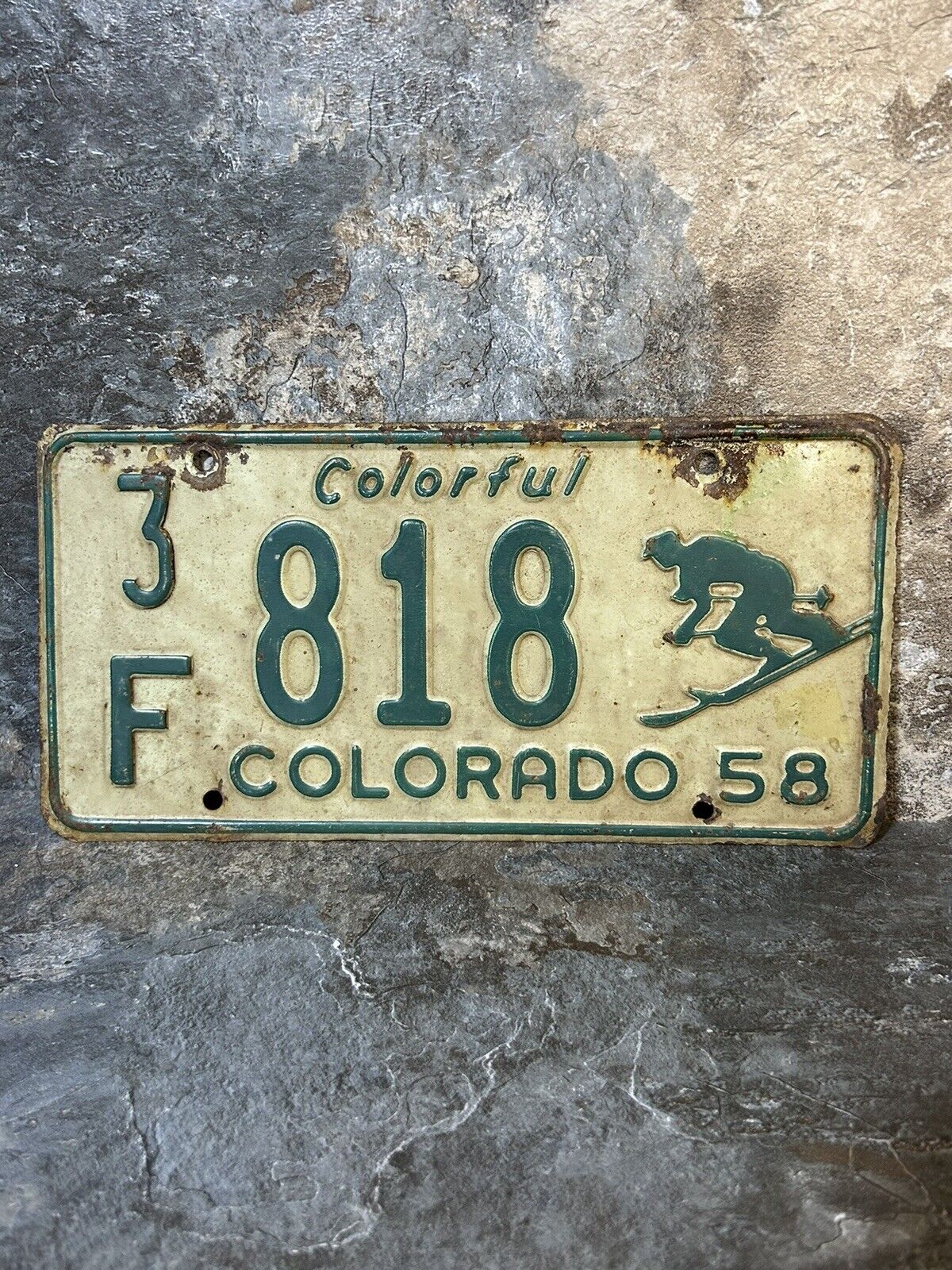 Vintage 1958 Colorado License Plate Skier Number Tag