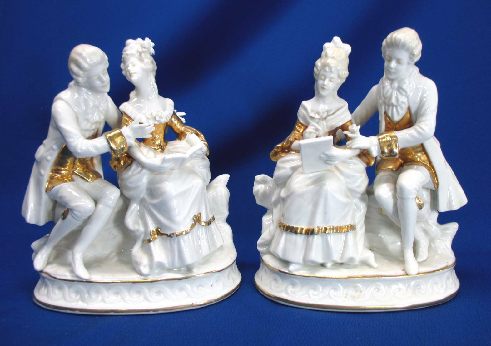 PAIR WHITE & GOLD 18TH CENTURY DRESSED FIGURINES BY ERNST BOHNE
