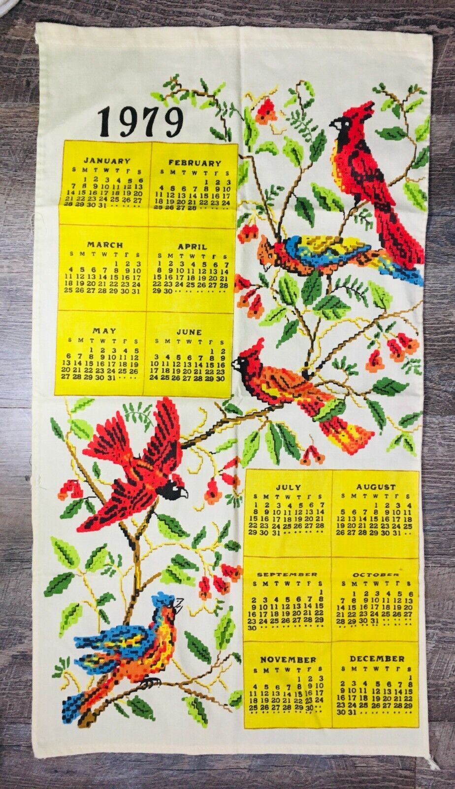 Vintage 1979 Birds Linen Wall Calendar Cloth Tea towel