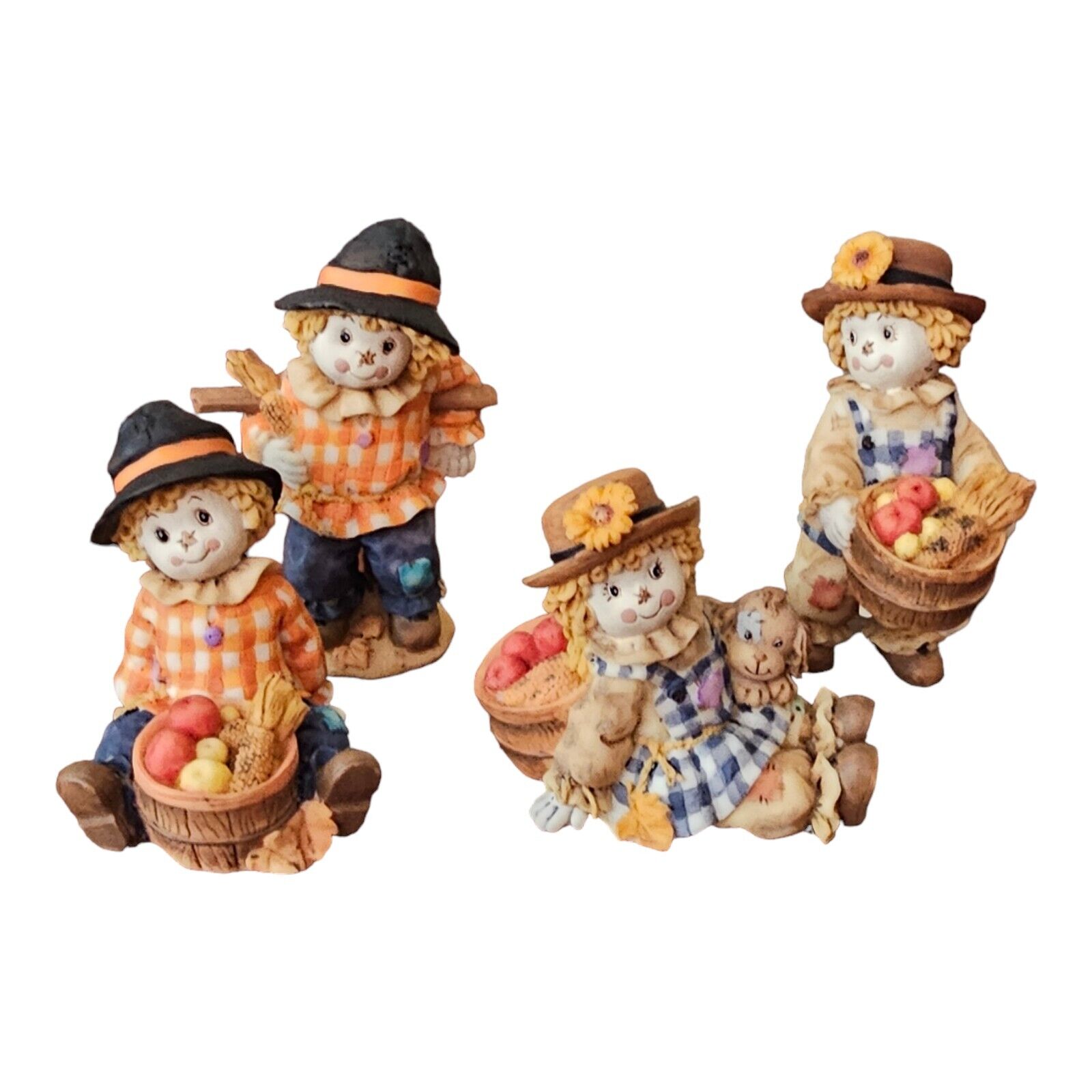 4 Vintage Enesco Little Scarecrow Figurines Fall Autrumn Kids