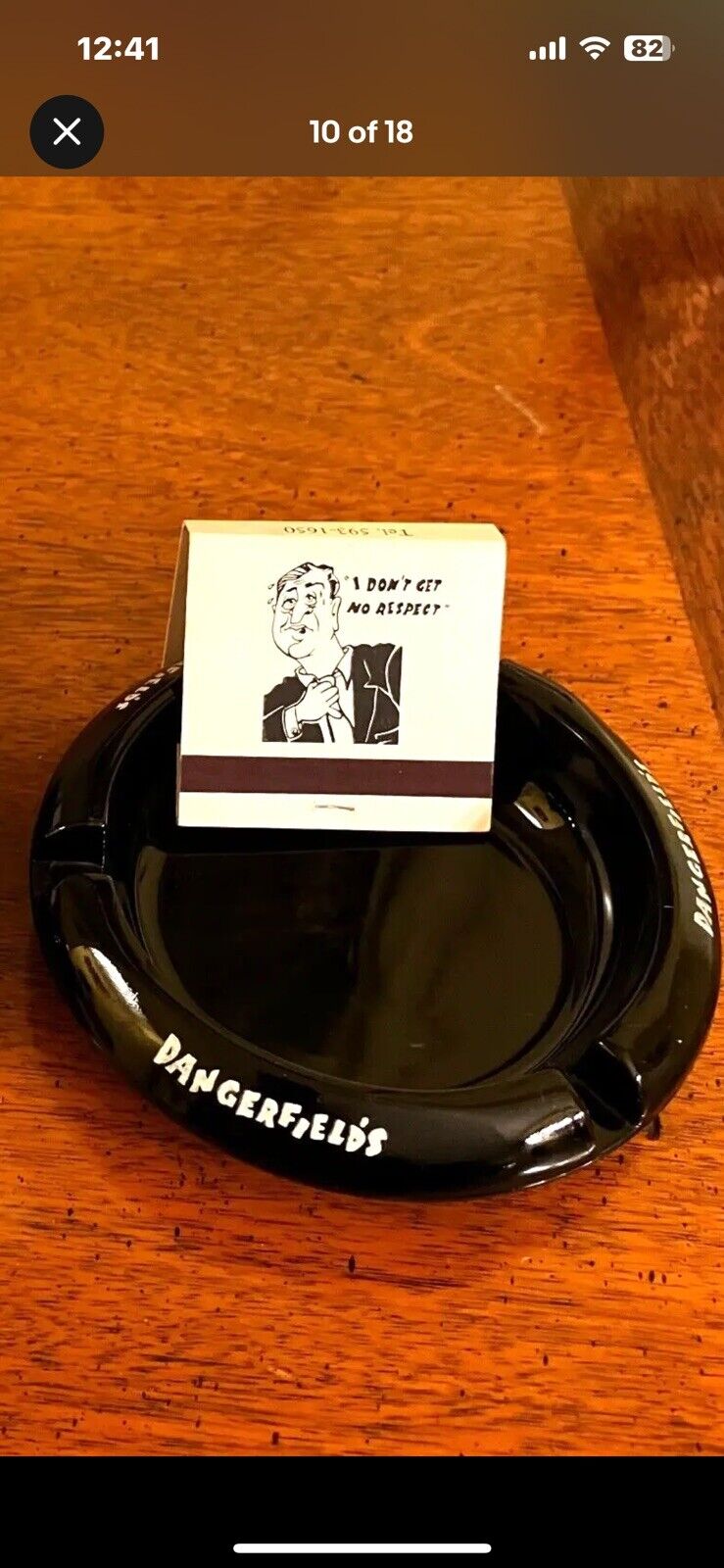 DANGERFIELD’S NYC VINTAGE AMETHYST BLACK GLASS ASHTRAY AND MATCHBOOK CIRCA 1972