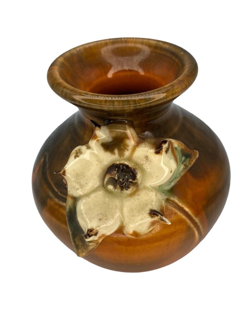 Vintage INEKE Signed Pottery Weed Vase Floral Sculpted White Flower Glazed