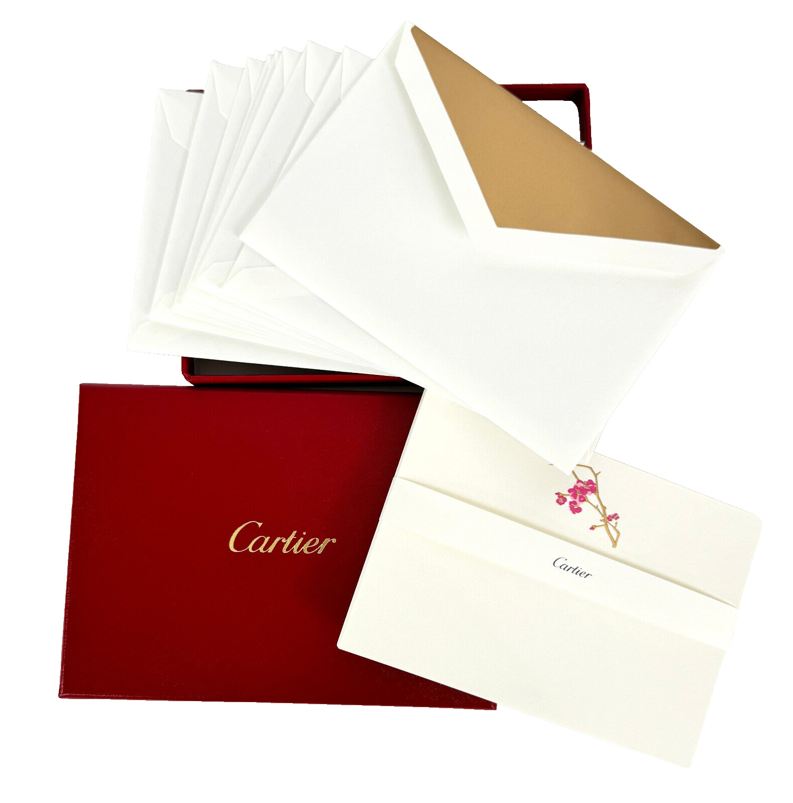 Cartier NIB Auth 10 Note Cards with 10 Envelopes Set Box w Red Gift Bag Ribbon