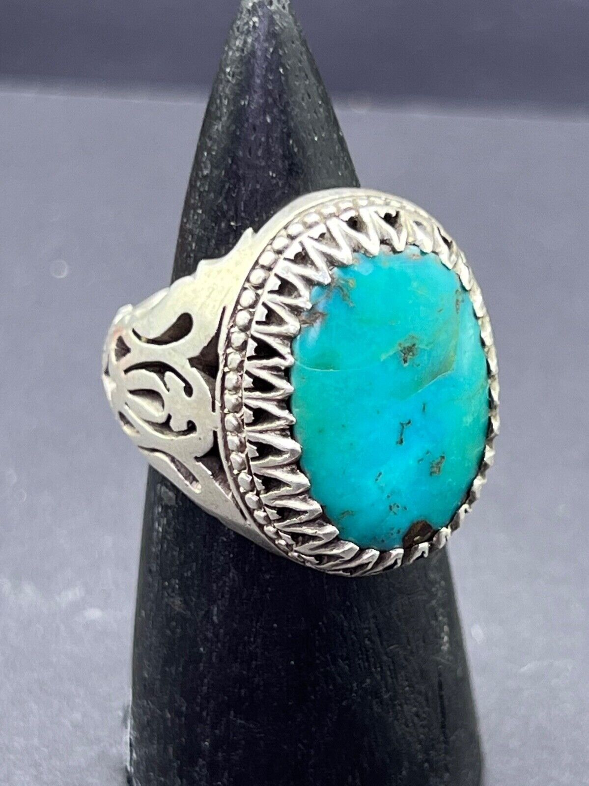 Vintage Oxidized Sterling Silver and Turquoise Statement Ring Central Asian Ring