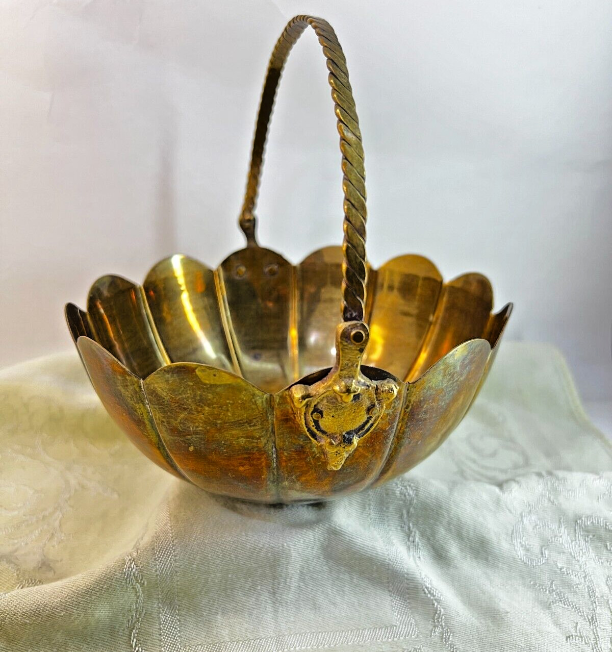 Vintage Solid Brass Handled Basket With Scalloped Sides INDIA Brass