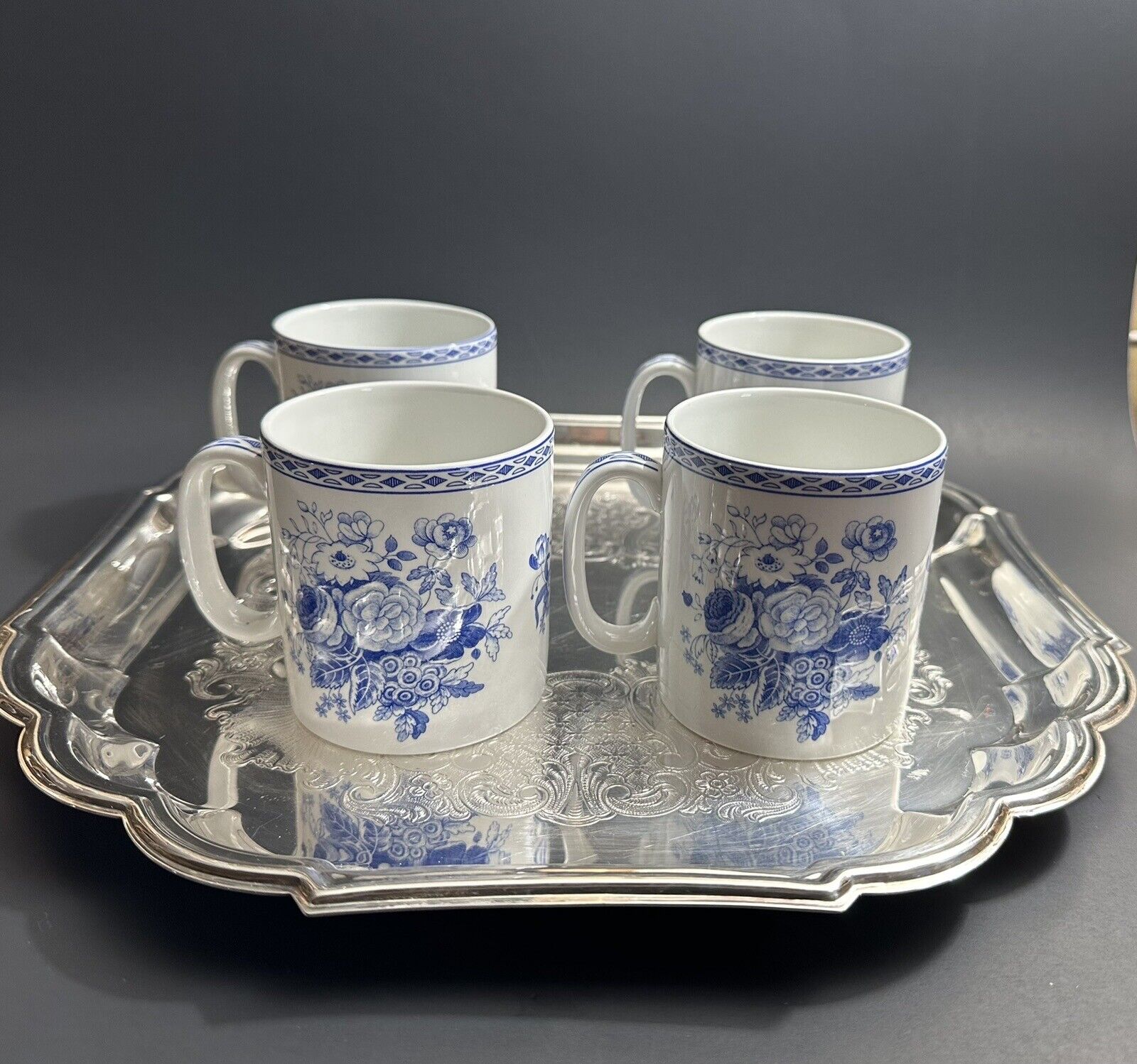 4 ~ SPODE Blue Room Collection BLUE ROSE Blue & White Porcelain Cups Mugs MINT