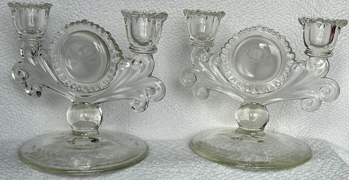 Vintage Paden City Etched Baby Orchid Pair Of Double Candleholders