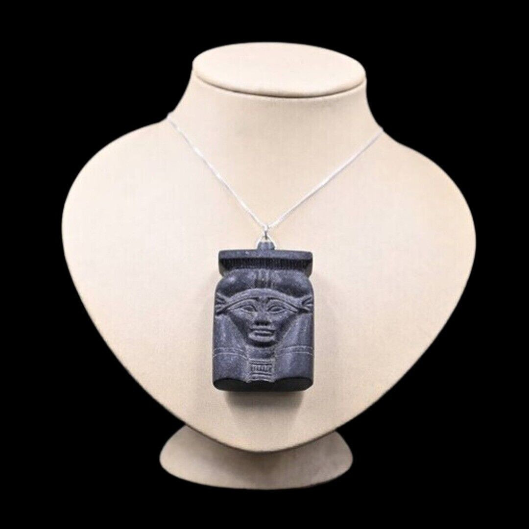 RARE ANCIENT EGYPTIAN ANTIQUES Stone Amulet For Goddess Hathor and Chain Silver