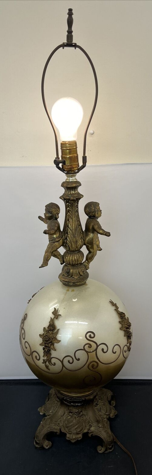 VTG/Antique Twin Brass Cherub glass dome roses Lamp Victorian Lamp FS Charity