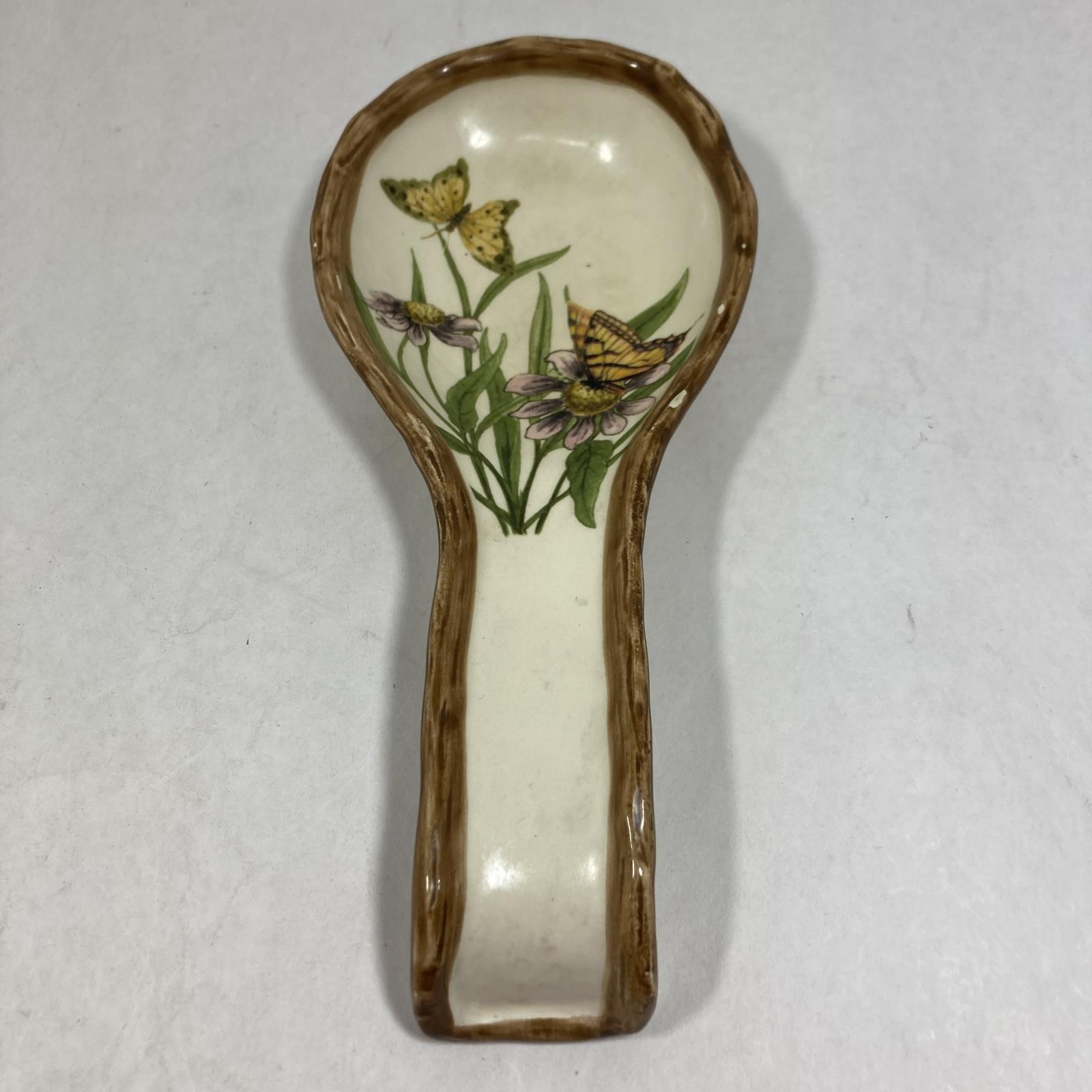 Vintage Hand Painted Butterfly And Flower Ceramic Spoon Rest