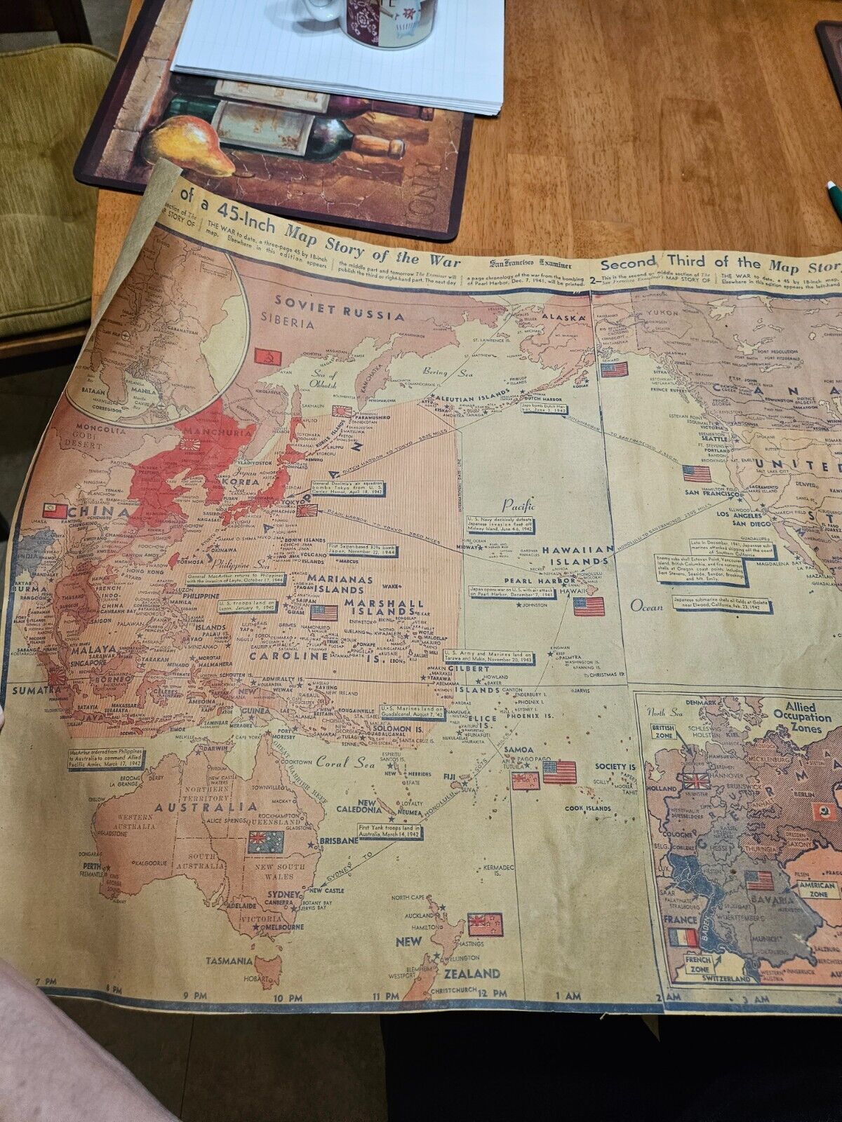VINTAGE WWII MAP BY SAN FRANCISCO EXAMINER STORY OF THE WAR NORTH SOUTH AMERICA
