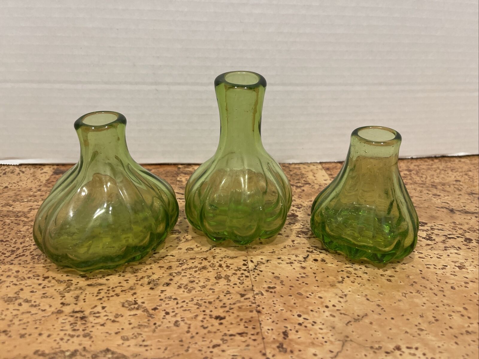 MCM Twisted Colonial Green Glass Bud Vases Set Of 3 Ribbed Asymmetrical
