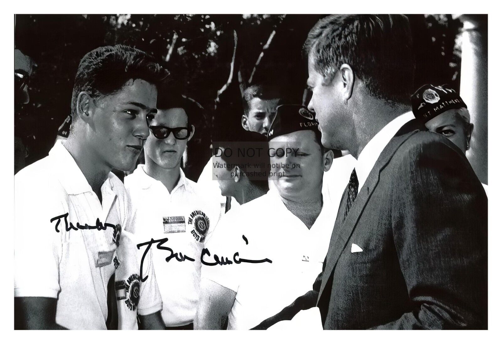 PRESIDENT JOHN F. KENNEDY SHAKING HANDS WITH BILL CLINTON AUTOGRAPHED 4X6 PHOTO