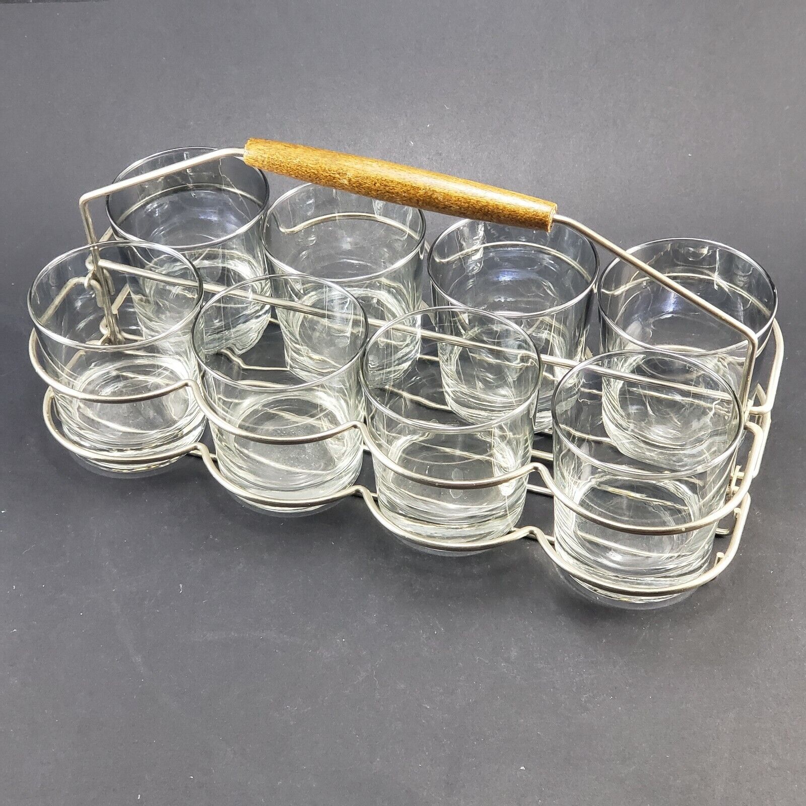 Metal Wire Folding 8 Rocks Glass Carrier MCM Vintage Includes Eight 8 oz Glasses