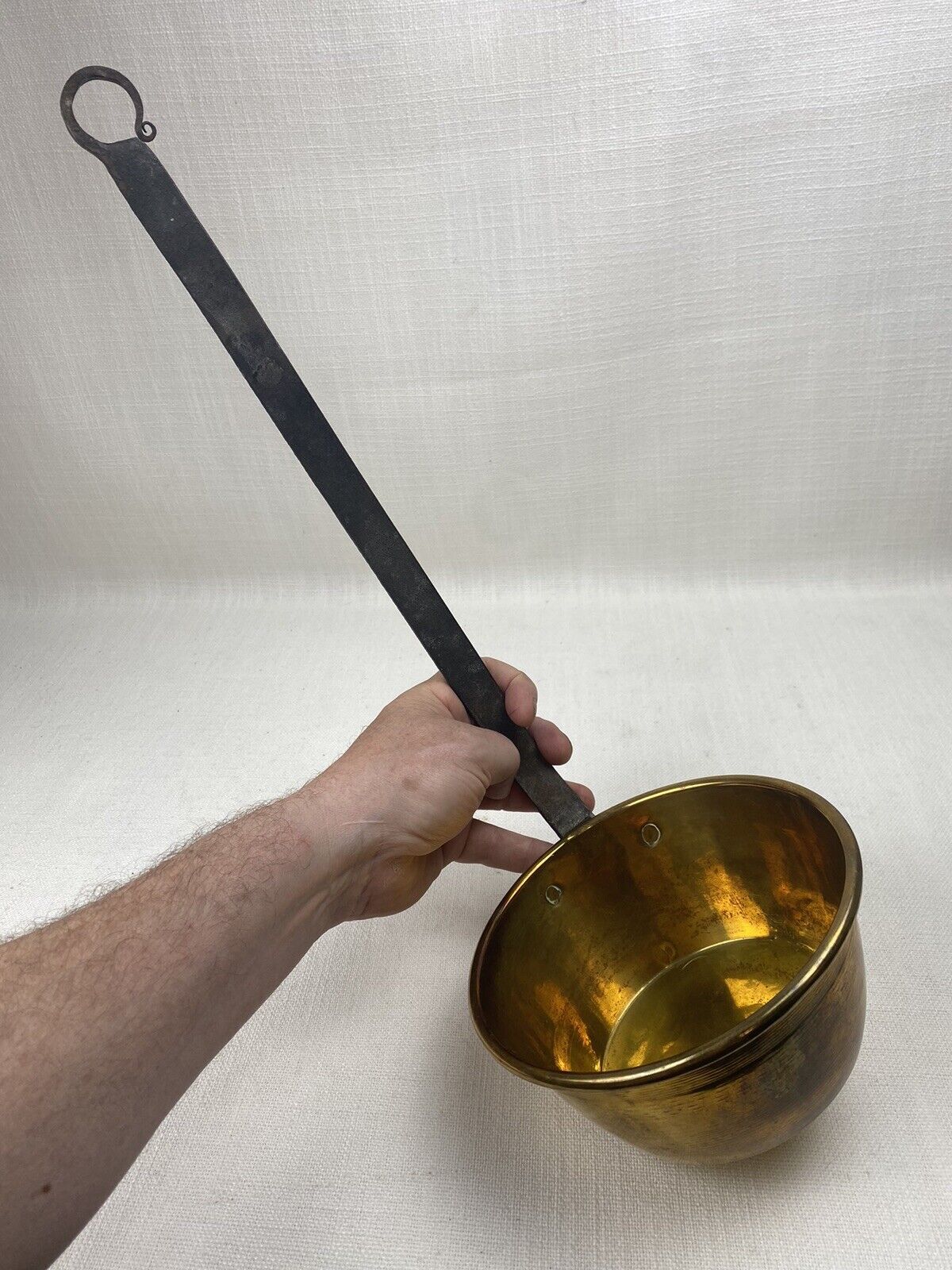 Vintage Large Brass Ladle With Hand Forged Steel Handle. 6”x 3” Ladle. 18” Long