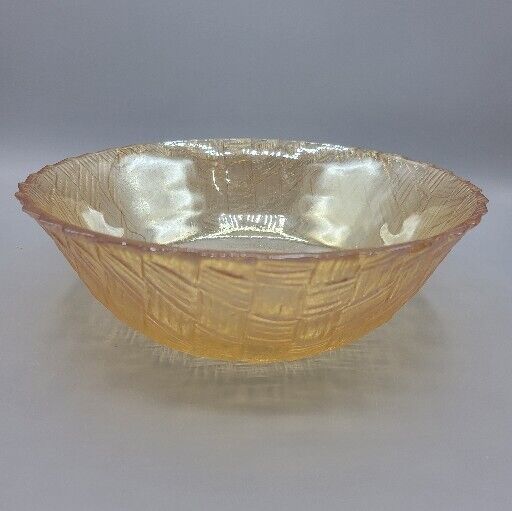 Vintage Carnival Glass Marigold Amber Basket-Weave Iridescent Fruit Bowl 9 In.