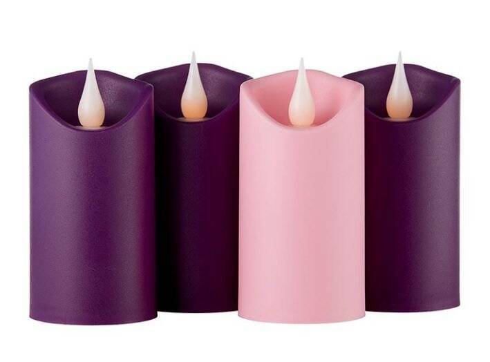 LED Advent 4 inch Pillar Candles 3 purple and 1 pink (Set of 4) Battery Operated