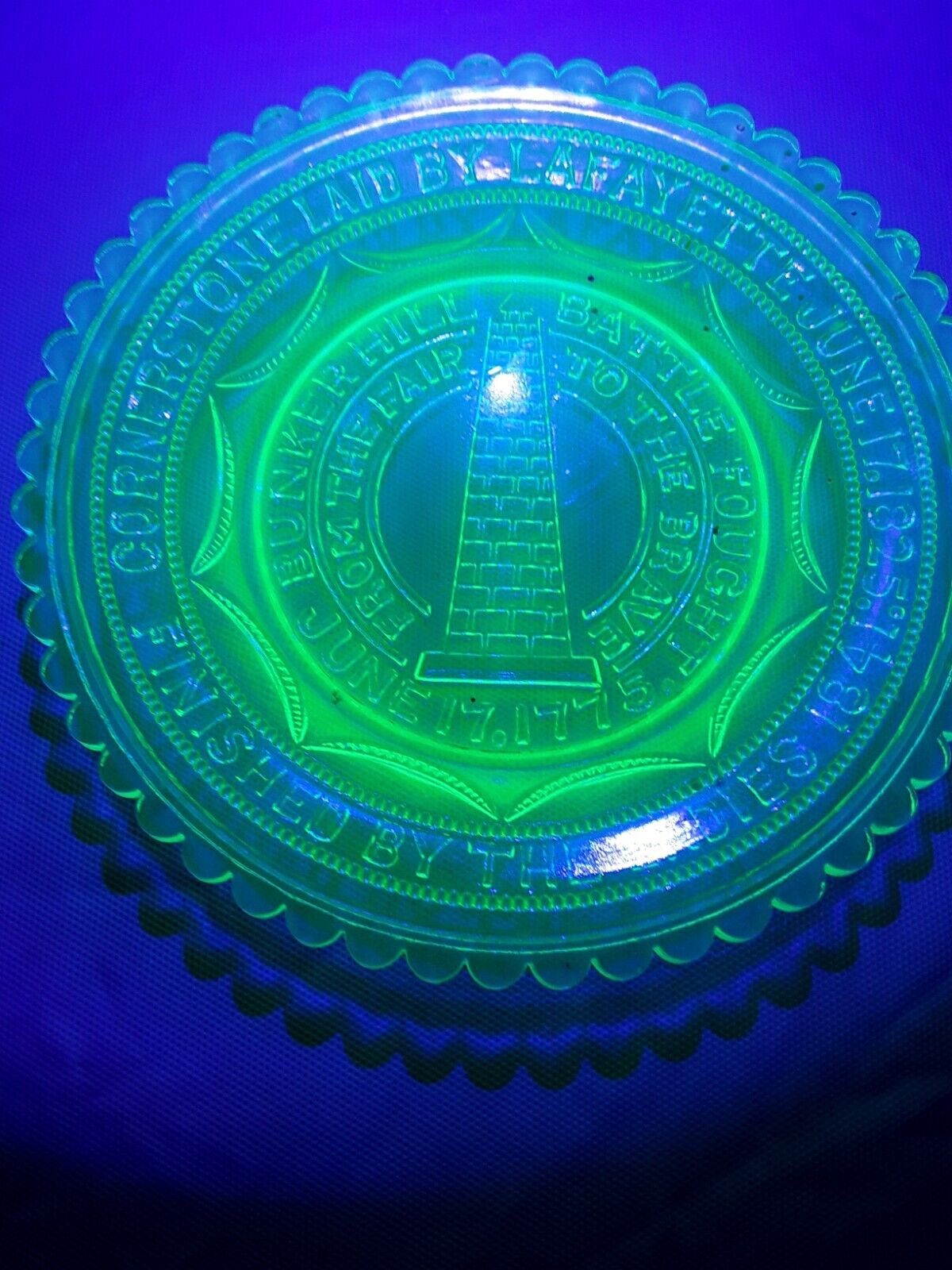 Uranium Glass 3.5 In Plate Bunker Hill Battle Fought June 17 1775 Finished 1841 