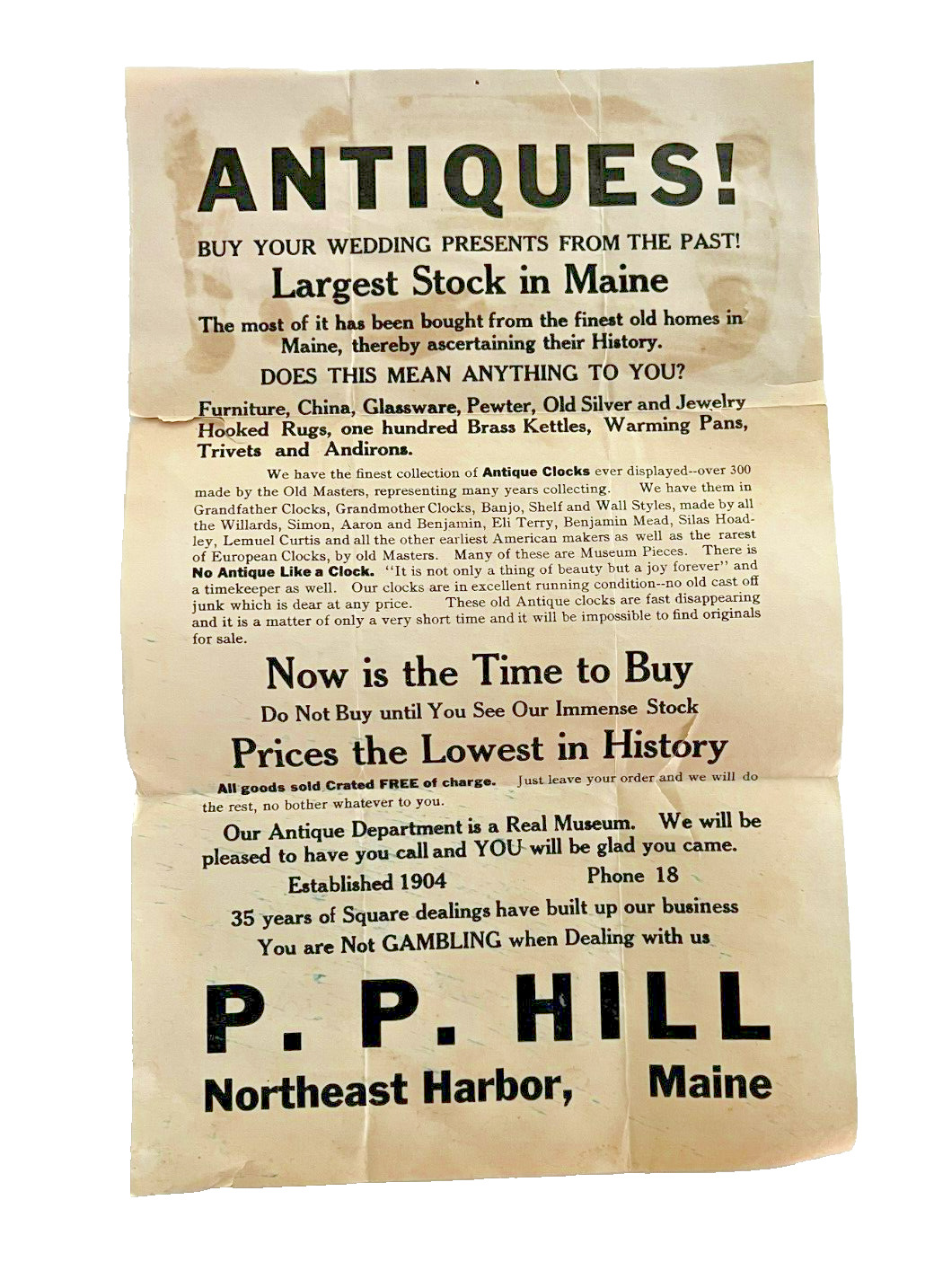 Antique 1900\'s Antiques Advertisement Flyer P.P. Hill Northeast Harbor Maine