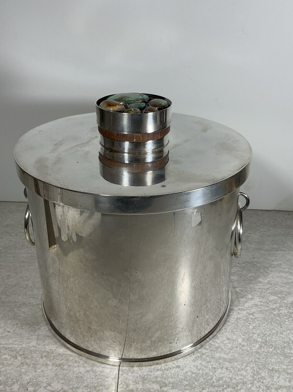 Sterling Silver Modernist Ice Bucket With Turquoise Stones