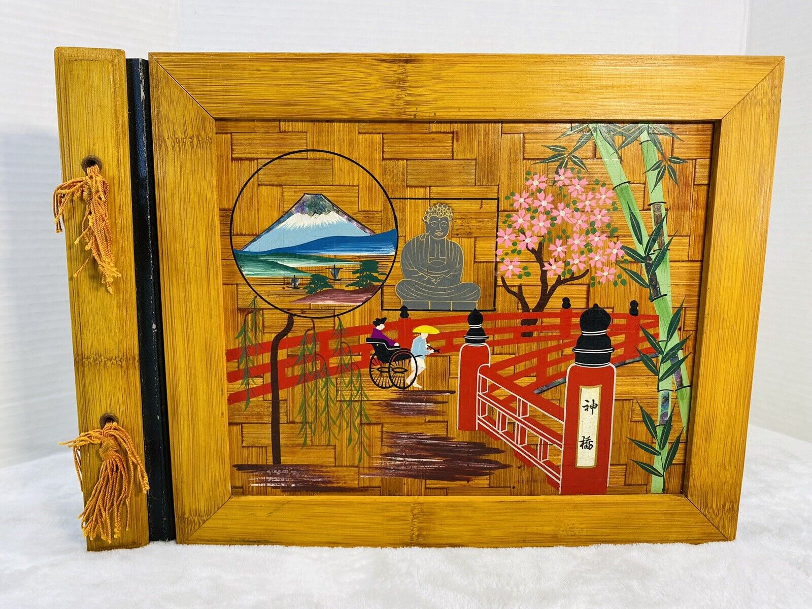 Authentic Vintage Japanese Bamboo Photo Album with Hand Painted Designs 