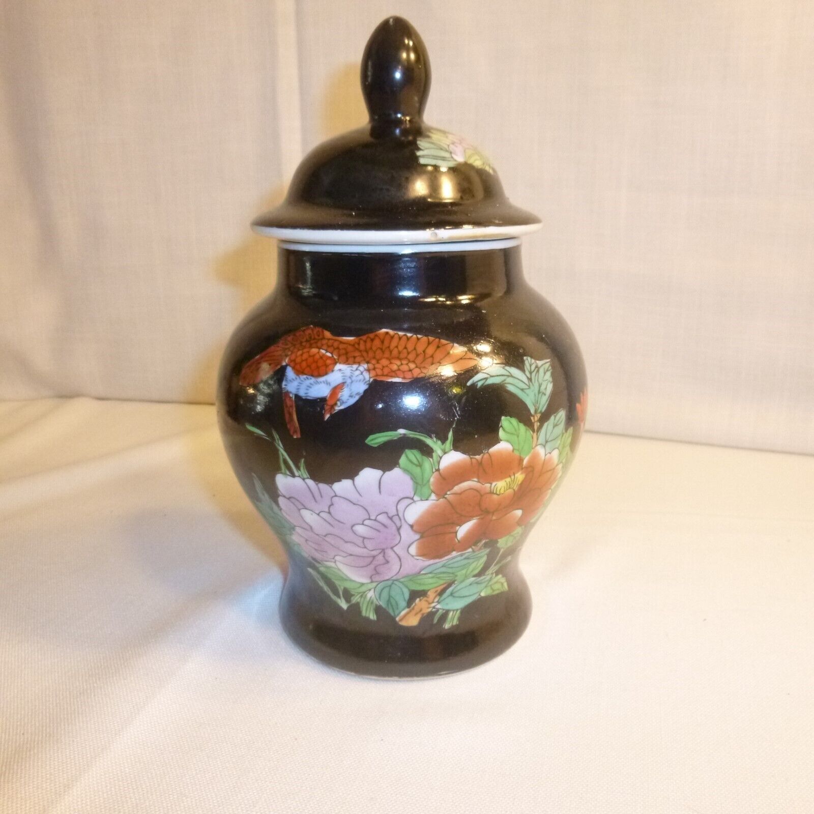 Ginger Jar / Urn w Lid - Black w colorful flowers and fish - MINT