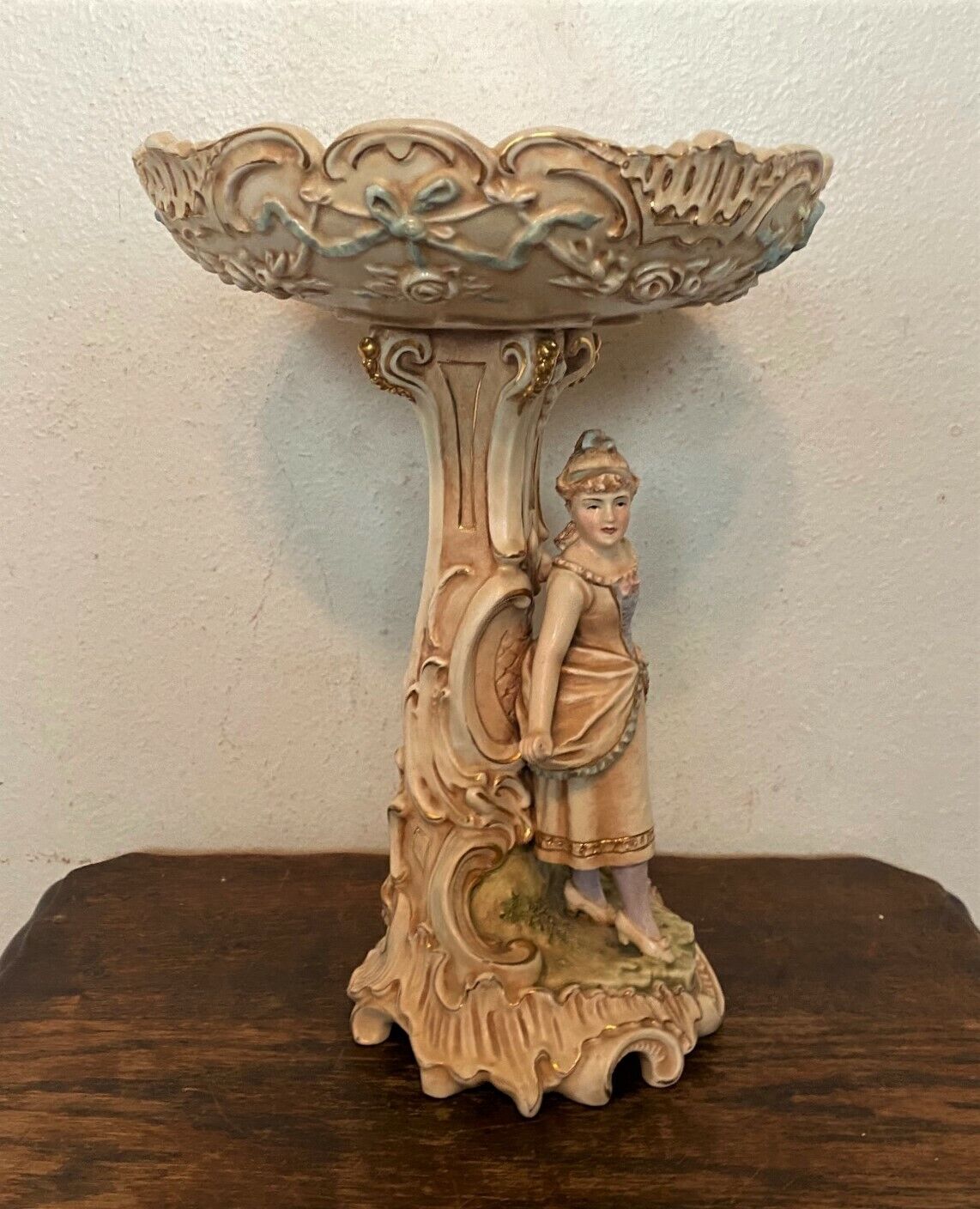 Antique German Porcelain Figural Compote Pedestal Centerpiece Bowl - 12.5\