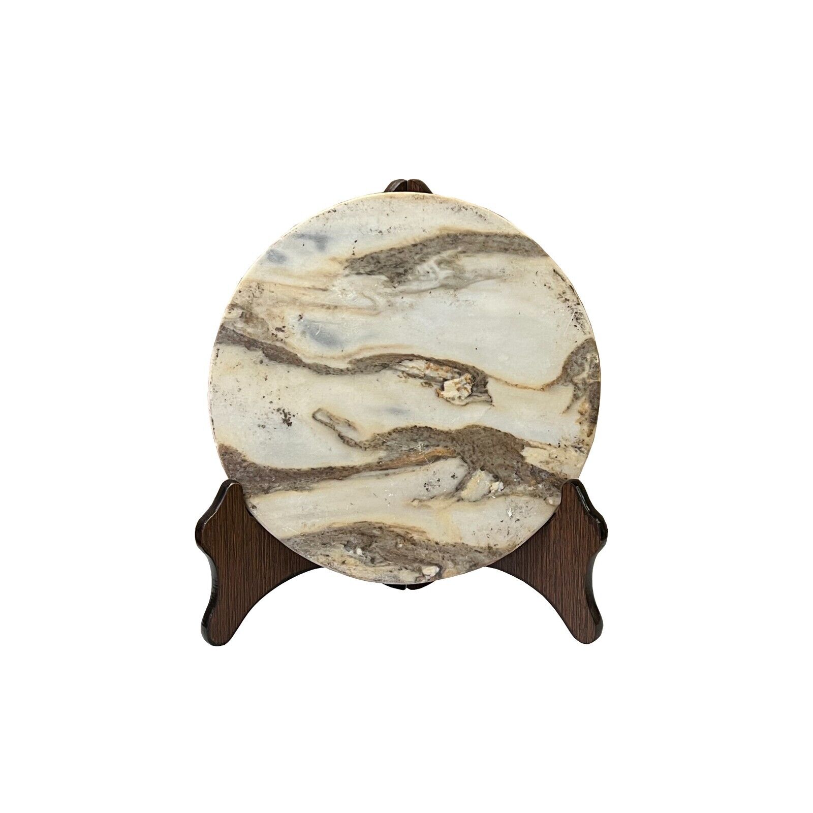 Chinese Natural Dream Stone Round White Fengshui Plaque Display ws2256
