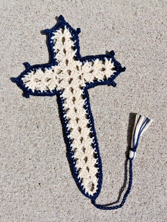 Hand-Crocheted Navy and Cream Cross Bookmark