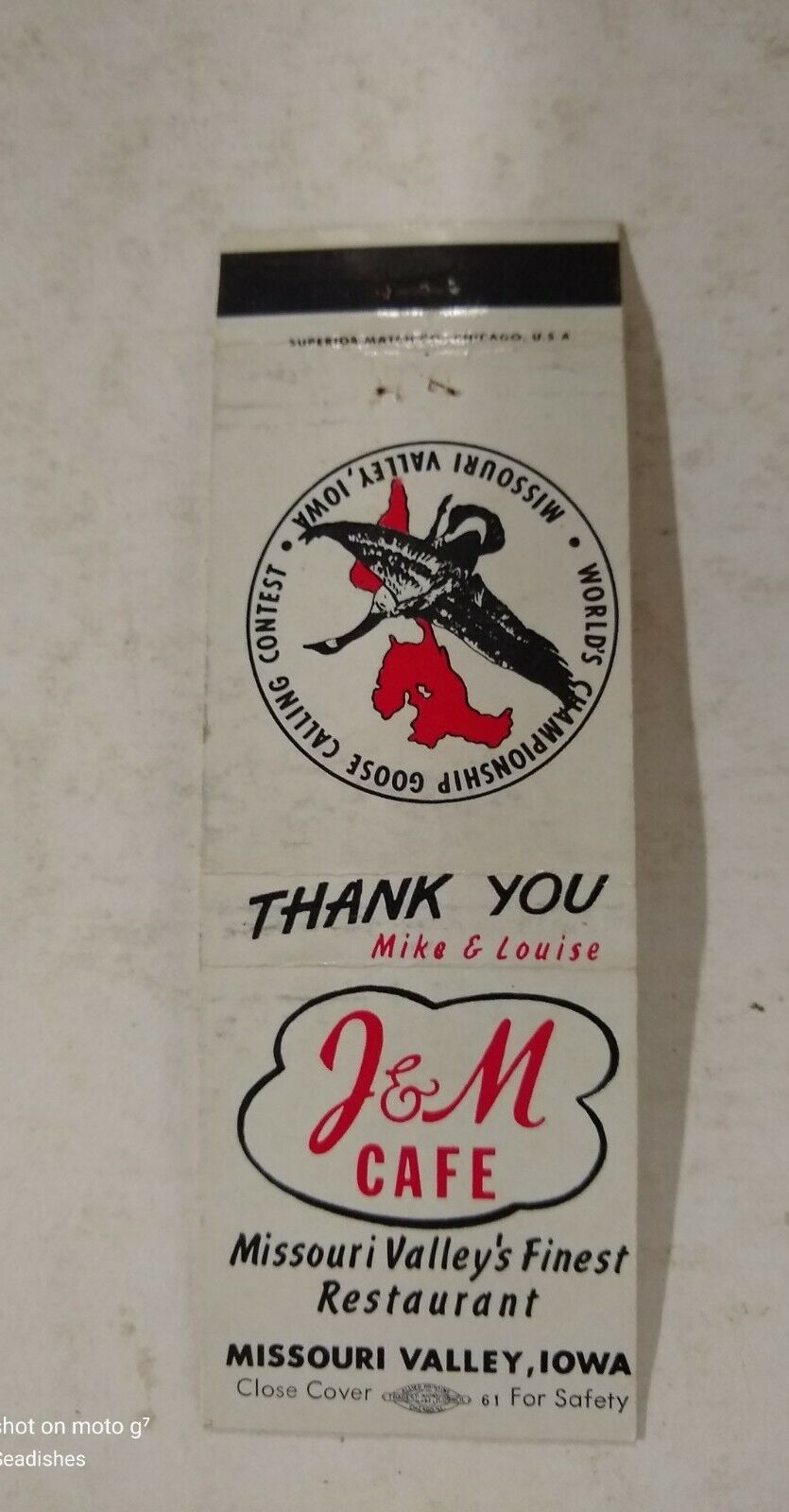 Vintage J&M Cafe Missouri Valley Ia Matchbook Cover World Goose Calling Contest