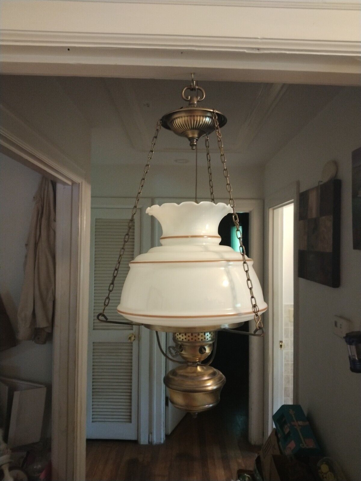 Vtg.Hanging Ceiling Lamp Brass Pendant Hurricane Shade Lamp - Light Fixture 